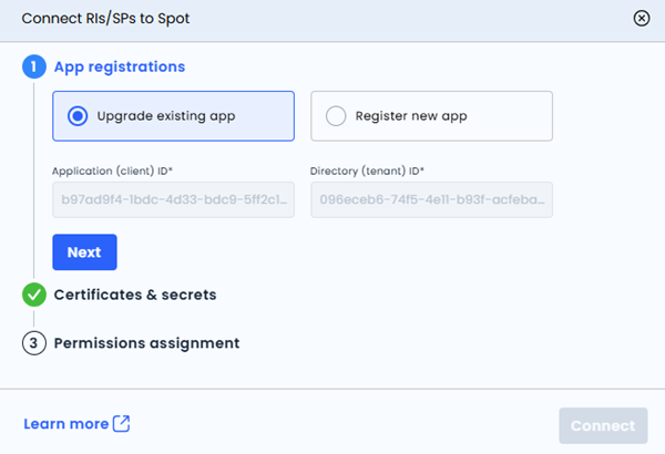 Screenshot of Azure App Registration upgrade step for commitments